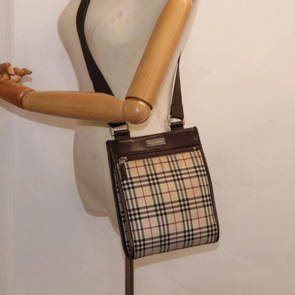 BURBERRY Nova Check Shoulder Bag Canvas Leather Beige Brown Silver Auth - Picture 1 of 16